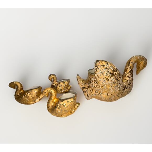 Set of 4 Vintage 22 K Hand Decorated Weeping Bright Gold Swans Ceramic Planters - Picture 3 of 12